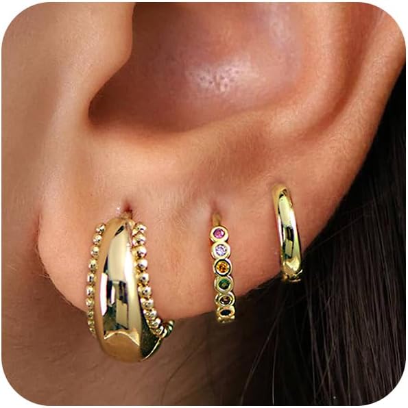 4Pairs Statement Gold Hoop Earrings for Women Trendy,Surgical Steel Gold Plated Hoop Hypoallergenic Earrings Set,Titanium Hoops Earring Stacks,CZ Cartilage Huggie Hoops Earring Gifts for Girlfriend