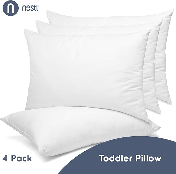 Nestl 4 Pack Toddler Pillow for Sleeping 13 x 18, Small Kids Pillow for Travel, Car, School, Nap, & Toddler Bed, Machine Washable Soft Cotton Toddler Pillow 2 Year Old and Up - White