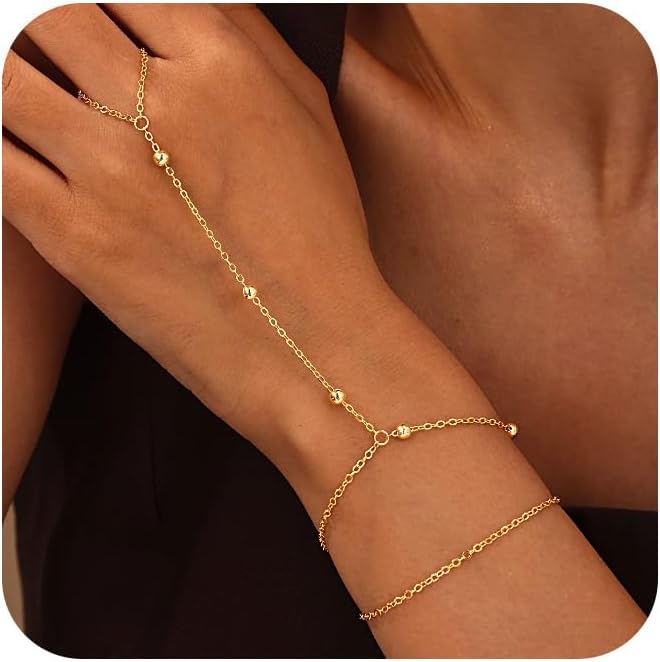 CHESKY 14K Gold Plated Hand Chain Bracelets for Women Set - Dainty Finger Ring Bracelet Stack Adjustable Hand Chains Durable Beaded Bracelets Trendy Simple Body Jewelry Gift for Women