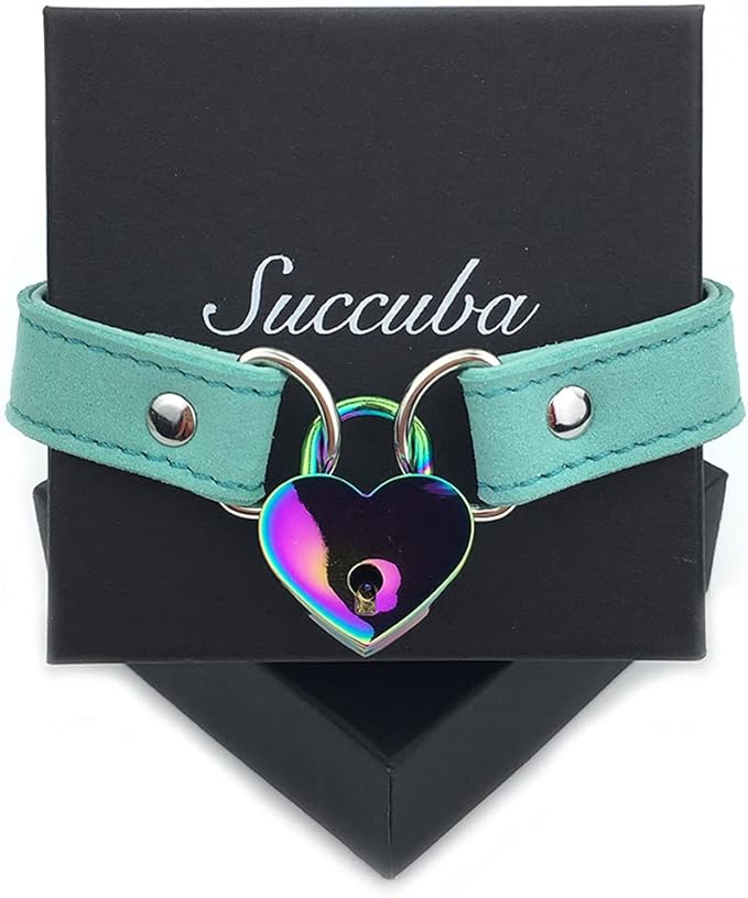 Succuba Padlock Choker Collar Necklace with Lock and Key Heart Lock Choker for Women and Men (F, 14)
