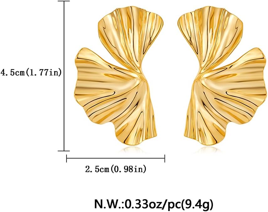 Chunky Gold Statement Earrings For Women Gold Plated Sectored Flower Leaf Shell Angel Wing Earrings Trendy Boho Jewelry For Women Large Stud Earrings Hypoallergenic Earrings