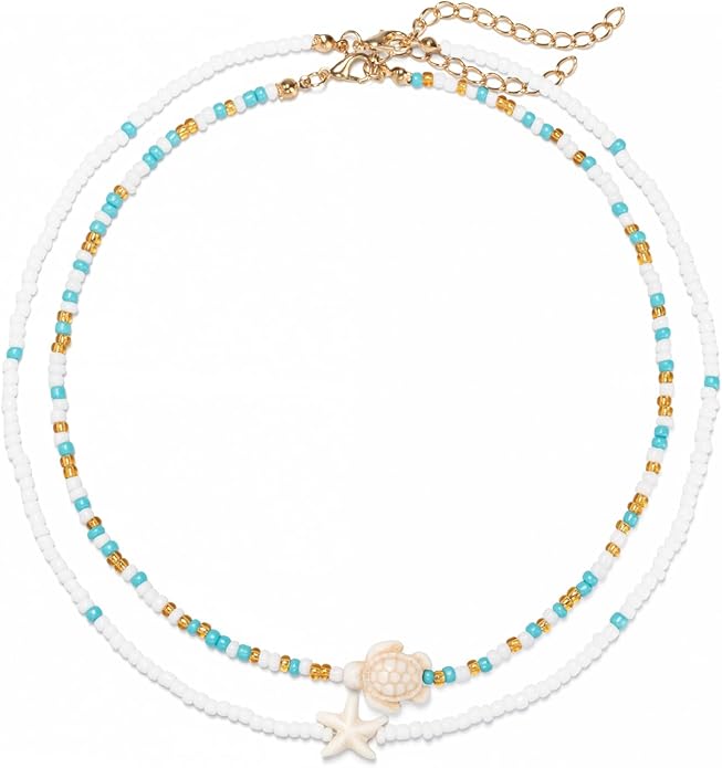 Women's Shell Starfish Boho Layered Beaded Necklace Choker for Summer Beach Vacation Gifts for Birthday/Anniversary/Christmas