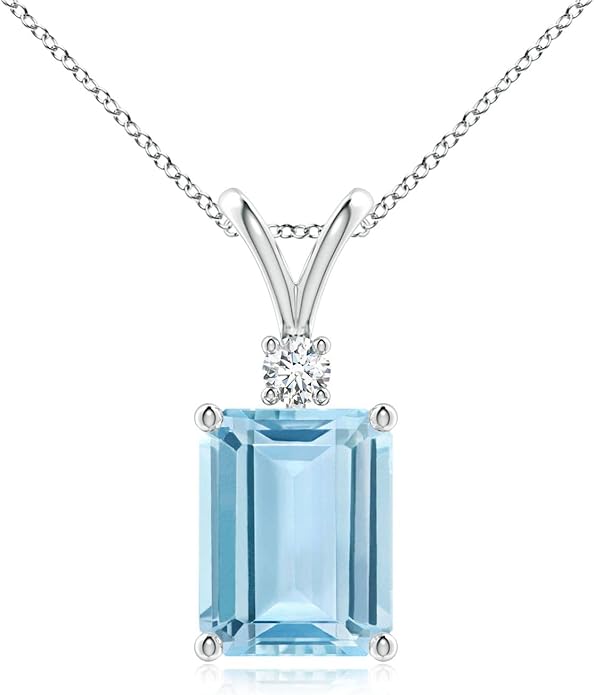 Angara Natural Aquamarine Solitaire Pendant for Women | Emerald-Cut Aquamarine Pendant with Diamond in 14K Solid Gold/Silver/Platinum With 18" Chain | March Birthday, Gemstone Jewelry Gift