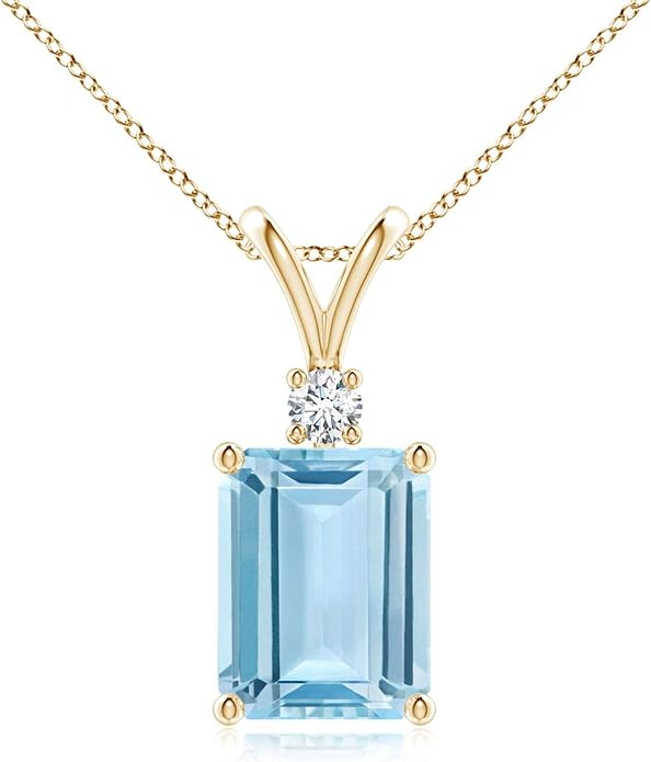 Angara Natural Aquamarine Solitaire Pendant for Women | Emerald-Cut Aquamarine Pendant with Diamond in 14K Solid Gold/Silver/Platinum With 18" Chain | March Birthday, Gemstone Jewelry Gift