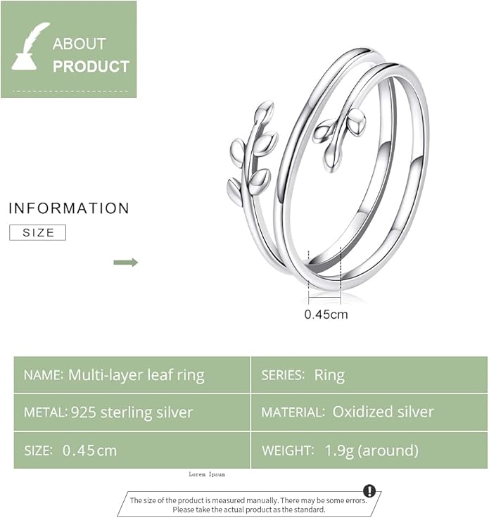 MUNDELL 925 Sterling Silver Simple Multi-layer Leaf Adjustable Ring Green Lucky Leaves Statement Ring for Women Promise Ring Fine Jewelry