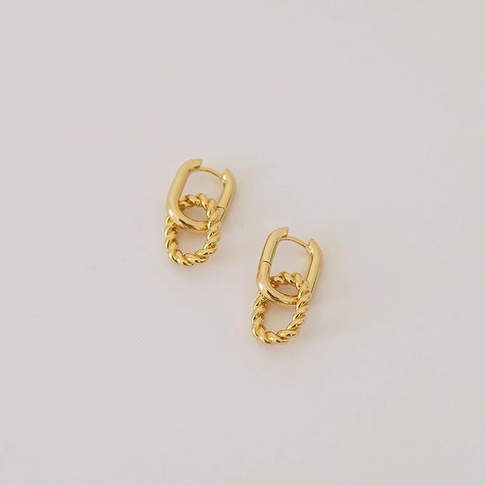 CAITLYNMINIMALIST 18K Gold Sterling Silver Double Link Drop Pave Duo Hoop Huggie Earrings Bold Jewelry for Women