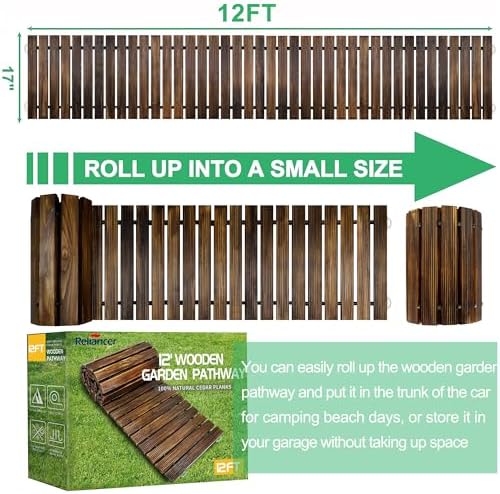 RELIANCER 12' Wooden Garden Pathway, Outdoor Roll Out Cedar Straight Walkway - Image 2