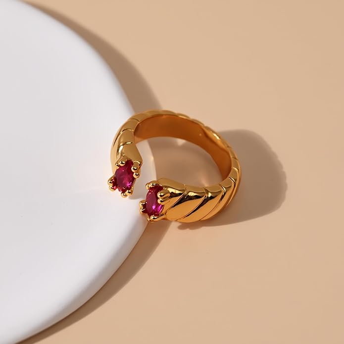 Chunky 18K Gold Adjustable Statement Ring for Women - Green Marquise Crystal Open Band, Vintage-Inspired Luxury Gift