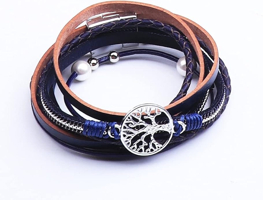 KSQS Tree of Life Leather Multi-Layer Wraps Bracelet,Boho Wide Buckle Wristband Bangle,Braided Cuff Bracelets for Women