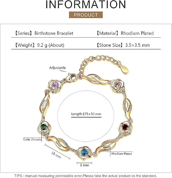 Personalized Simulated Birthstone Bracelets Adjustable Rose Flower Chain Charm Bracelet with 1-5 Name Initial Engraved for Women Mom Christmas Gifts
