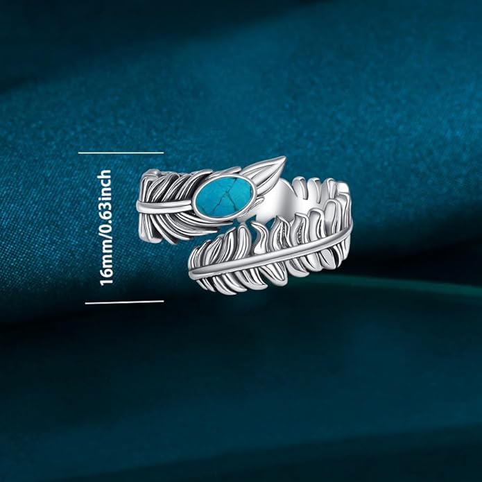 Natural Turquoise Angel Wings Ring S925 Sterling Silver Adjustable Jewelry Wrap Open Thumb Rings for Women Her