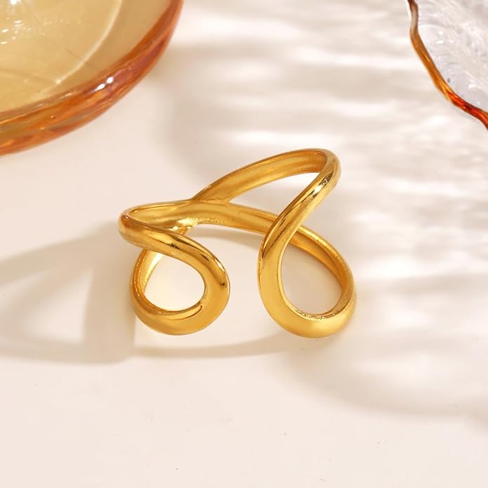 Chunky Rings For Women, Gold Silver Thumb Ring Asymmetrical Wavy Curve Ring Adjustable Non Tarnish Dainty Stainless Steel New Year Anniversary Birthday Jewelry Gift