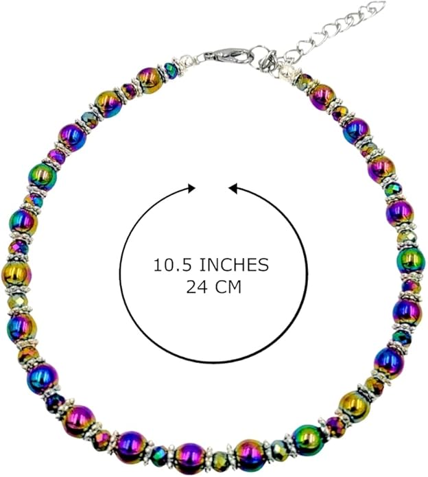 BESHEEK Rainbow Anklet Bracelet Hue Twisted Hematite and Round Artisan Beaded Anklet with Extension Handmade Hypoallergenic Beach Gala Wedding Style Jewelry