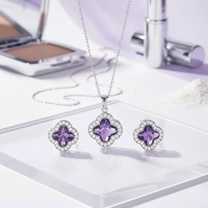 Four Leaf Clover Necklace and Earrings Set for Women, Clover Jewelry Set with Pendant Necklace and Stud Earrings, Brilliant Cubic Zirconia, Polished Metal Setting, Hypoallergenic, & Lightweight