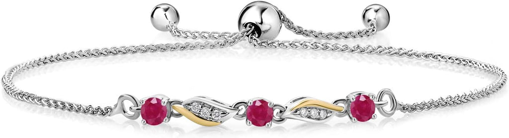 Gem Stone King 3-Stone Adjustable Bracelet for Women | 925 Silver and 10K Yellow Gold | Gemstone Birthstone and Lab Grown Diamond | Round 3MM | Two-Tone Adjustable Tennis Bracelet Up to 9 Inch