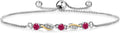 Gem Stone King 3-Stone Adjustable Bracelet for Women | 925 Silver and 10K Yellow Gold | Gemstone Birthstone and Lab Grown Diamond | Round 3MM | Two-Tone Adjustable Tennis Bracelet Up to 9 Inch