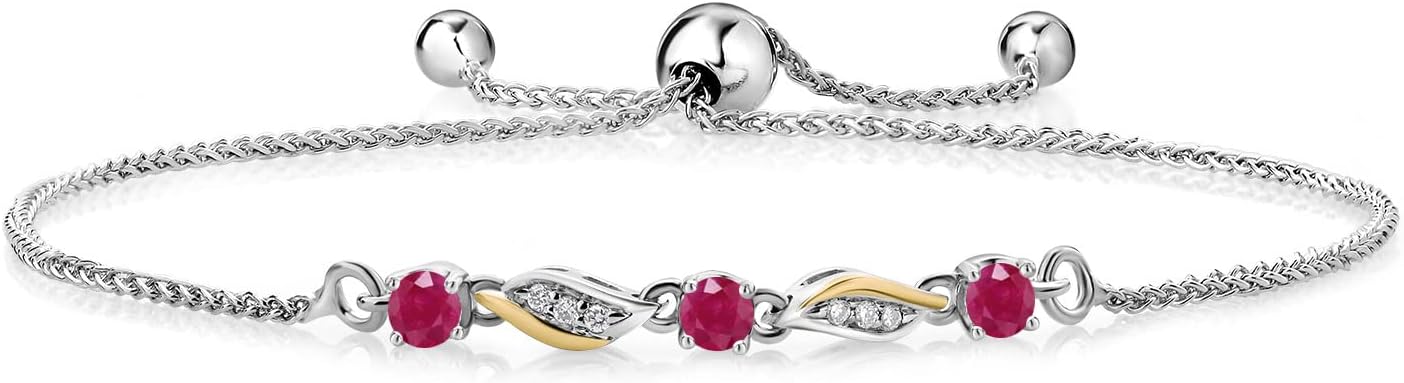 Gem Stone King 3-Stone Adjustable Bracelet for Women | 925 Silver and 10K Yellow Gold | Gemstone Birthstone and Lab Grown Diamond | Round 3MM | Two-Tone Adjustable Tennis Bracelet Up to 9 Inch