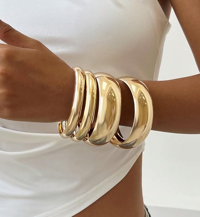 Chunky Gold Bangle Bracelets for Women, Dainty 14k Gold Plated Big Stackable Bangles Set, Trendy Cuff Bracelet Stack Fashion Jewelry Gifts
