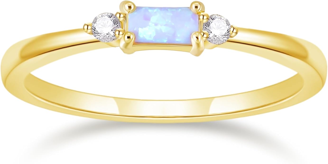 SHINYSO 14K Gold Plated Wedding Bands for Women Baguette Opal Ring Cubic Zirconia CZ Pave Thin Stackable Anniversary Rings for Her Size 4-10