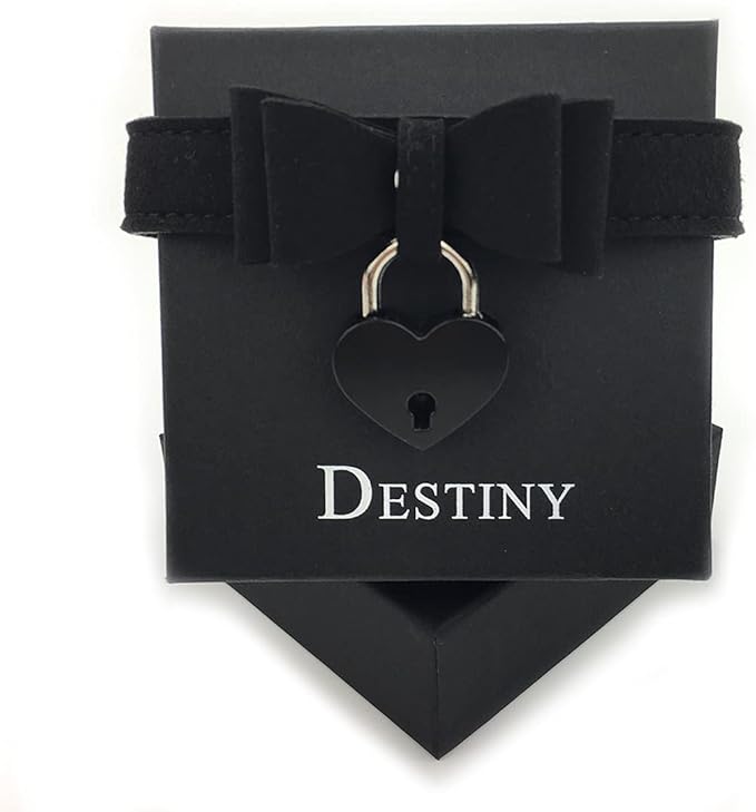 Destiny Love Bell Padlock Choker Collar Necklace Lolita Bow Collar Cat Kitty Velvet Necklace with Heart Lock and Key with Box for Women and Men
