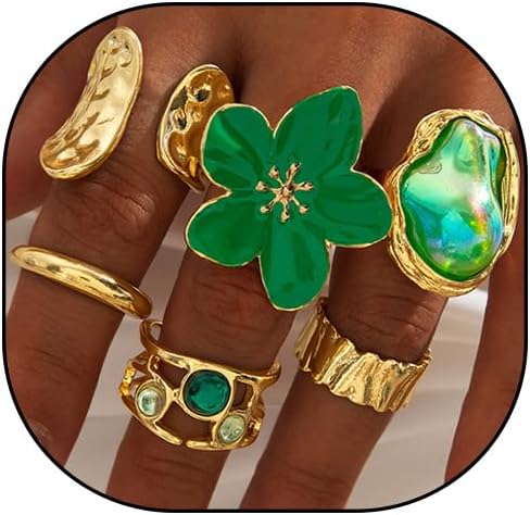 Gold Chunky Baroque Pearl Flower Rings Set,Hammered Open Adjustable Colorful Crystal Knuckle Finger Ring,Punk Party Jewelry Accessories Gift for Women