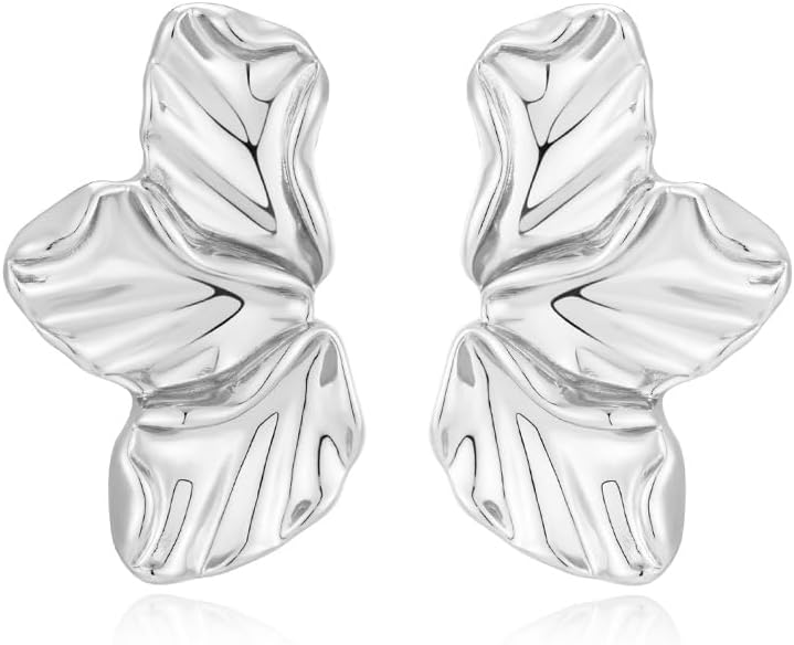Chunky Gold Statement Earrings For Women Gold Plated Sectored Flower Leaf Shell Angel Wing Earrings Trendy Boho Jewelry For Women Large Stud Earrings Hypoallergenic Earrings