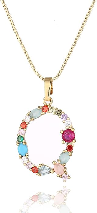 Eben-Ezer 18K Gold Box Chain Choker Initial Necklace Multi-Color Zircon Letter Pendant Script Name Custom Necklace for Women Gift Alphabet 26 A-Z