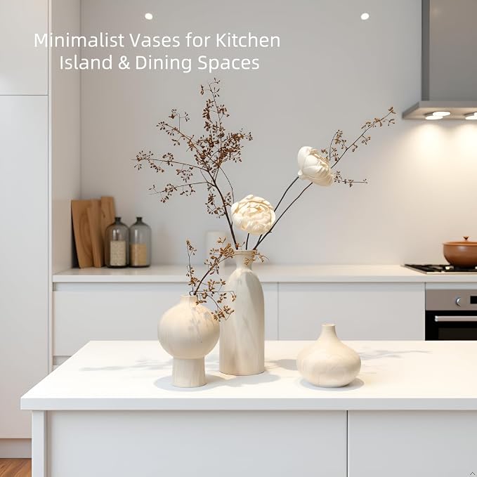 White Ceramic Vase Set of 3, Modern Organic Home Decor | Aged-stone texture - Image 6