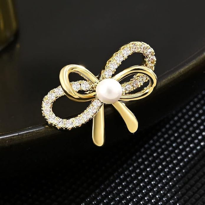Bow Knot Pin Rhinestone Crystal Pearl Brooch 18k Gold Plated Lapel Pin Birthday Jewelry Gift for Women Men