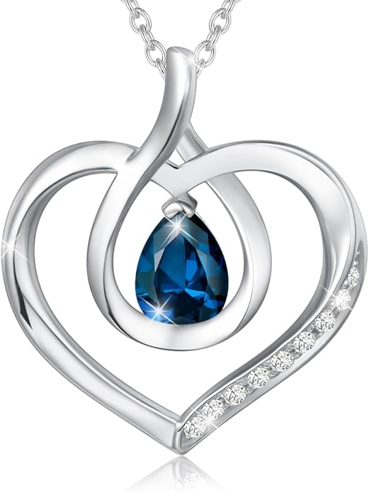 AGVANA Valentines Day Gifts Heart Birthstone Necklace for Women Sterling Silver Genuine or Created Gemstone Forever Love Pendant Necklace Fine Jewelry Anniversary Birthday Gifts for Women Mom Wife