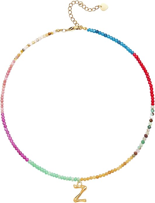 Beaded Initial Necklace for Women, Boho Natural Stone Semi-Precious Stone 18K Gold Plated Letter Pendant Rainbow Colorful Trendy Alphabet Dainty Choker Jewelry for Women Summer Beach Party