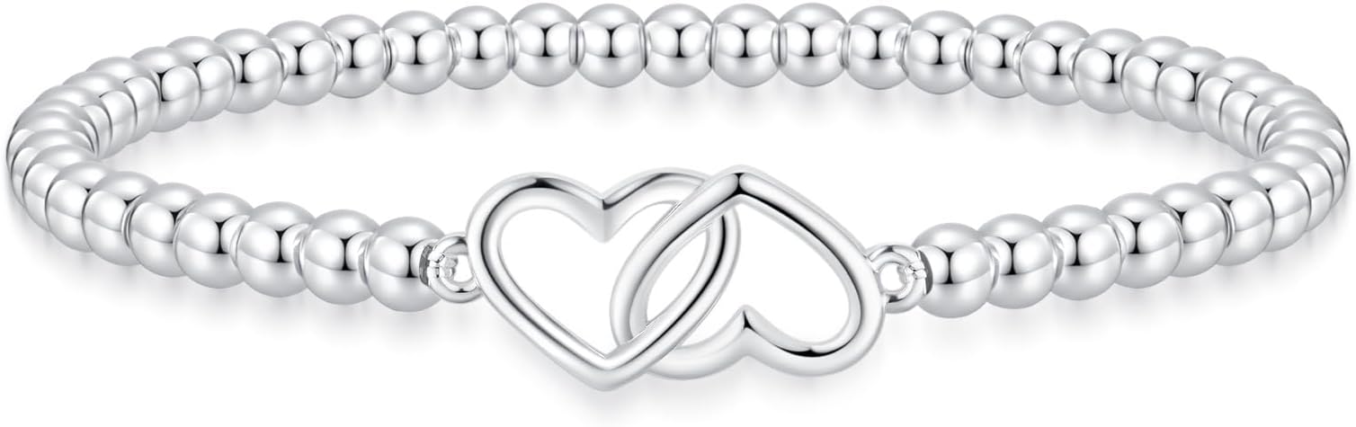 Valentines Day Gifts for Women Her - Beaded Stretch Handmade Ball Bracelets Cute Charm Bracelet Dainty Stackable Cross Heart Bow Wave CZ Jewelry Gifts Trendy Stuff