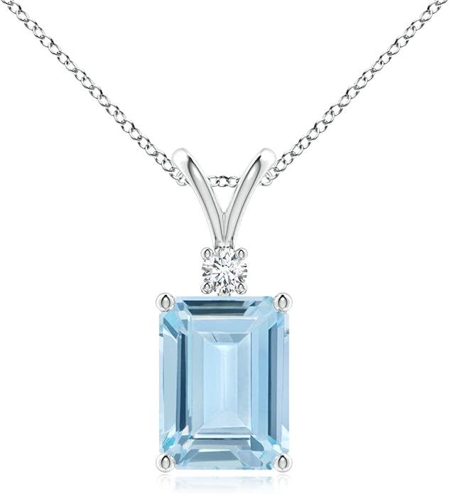 Angara Natural Aquamarine Solitaire Pendant for Women | Emerald-Cut Aquamarine Pendant with Diamond in 14K Solid Gold/Silver/Platinum With 18" Chain | March Birthday, Gemstone Jewelry Gift