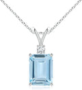 Angara Natural Aquamarine Solitaire Pendant for Women | Emerald-Cut Aquamarine Pendant with Diamond in 14K Solid Gold/Silver/Platinum With 18" Chain | March Birthday, Gemstone Jewelry Gift
