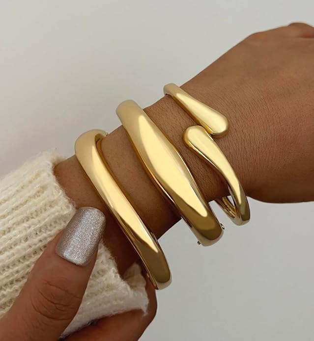 Chunky Gold Bangle Bracelets for Women, Dainty 14k Gold Plated Big Stackable Bangles Set, Trendy Statement Cuff Bracelet Stack Fashion Jewelry Christmas Gifts