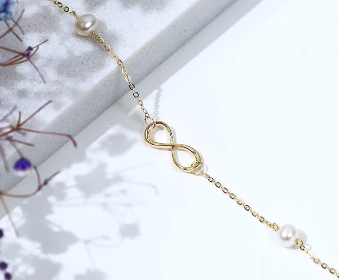 SISGEM 14k Gold Infinity Anklets for Women, Real Pearl Love Knot Ankle Bracelet Jewelry Gifts for Her, 8.6-10.2 Inch