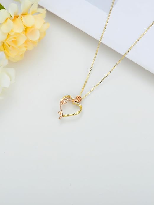 14K Solid Gold Rose Flower/Sunflower Necklaces for Women Flower Heart Pendant Necklace Love Sunshine Jewelry Anniversary Valentine's Day Birthday GiftS for Women Wife Girlfriend Her Mom