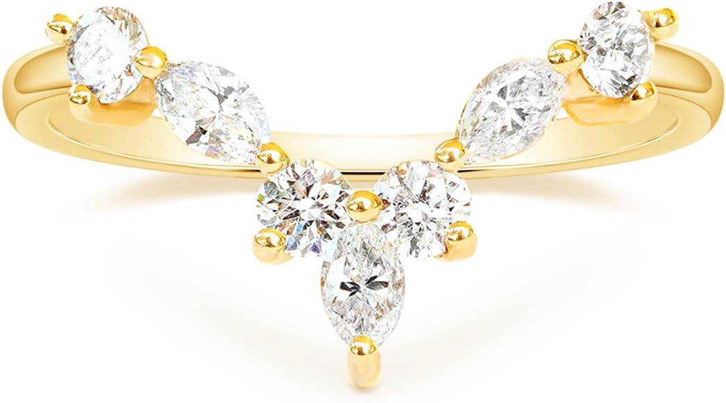 Mameloly Wedding Bands for Women Marquise & Round Shaped Stackable Cubic Zirconia CZ V Shape Curved Engagement Rings for Her Size 3-12