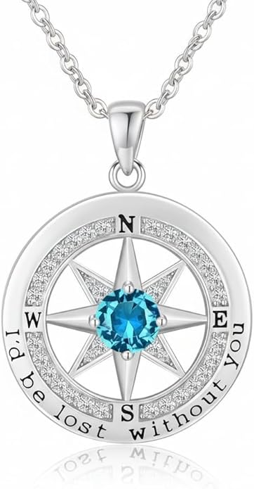 Compass Necklace for Women Wife Girlfriend Mom Daughter Gifts S925 Sterling Silver Jewelry For Anniversary Rose Gold Gifts For Birthday Christmas Mothers Valentines Day 12 Birthstones