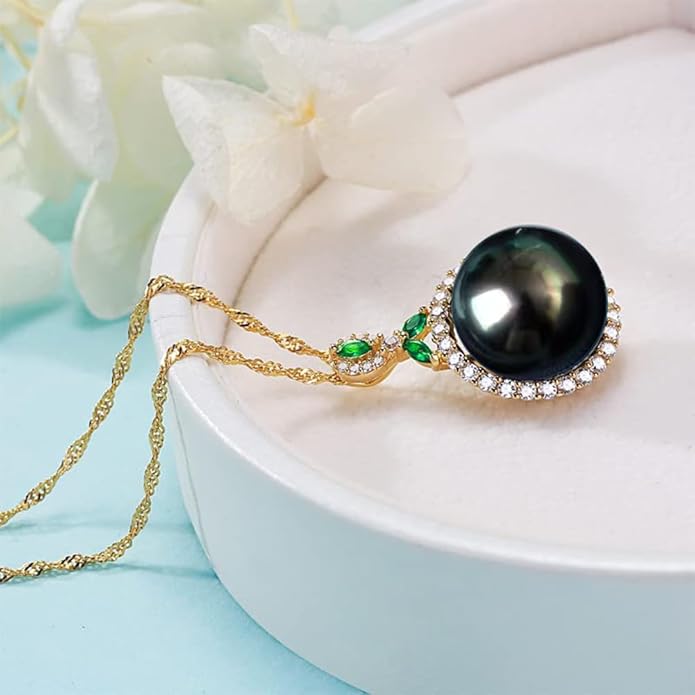 Gifts for Women- Tahitian-Black-Pearl-Necklace for Women, 12-13mm Real South Sea Pearls Pendant Sterling Silver Plated 18K Gold With Urquoise- Christmas Mothers Day Valentine's Day Jewelry