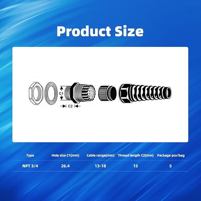 Strain Relief Cord Connector, CGELE 2 Pack NPT 3/4" Waterproof Cable Gland Cord - Image 2