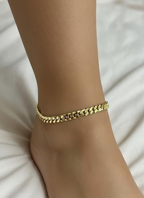 Gold Electroplated Anklet for Women, 9-12 Inch Sizes, Figaro, Cuban, Mariner, Herringbone Design - Made in Korea