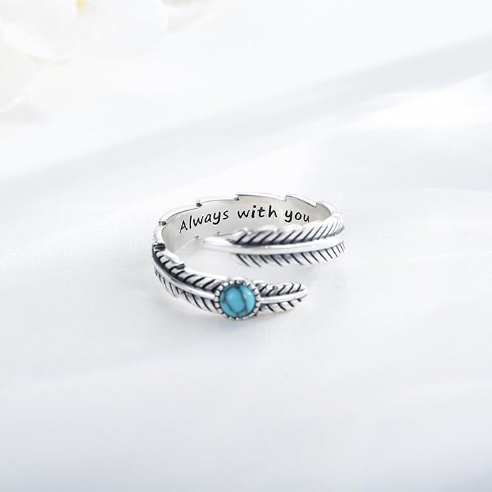 Turquoise/Moss Agate/Moonstone/Black Onyx/Lapis Lazuli/Labradorite/Tiger Eye Feather Ring 925 Sterling Silver Adjustable Ring Western Thumb Rings Vintage Jewelry Gifts for Women