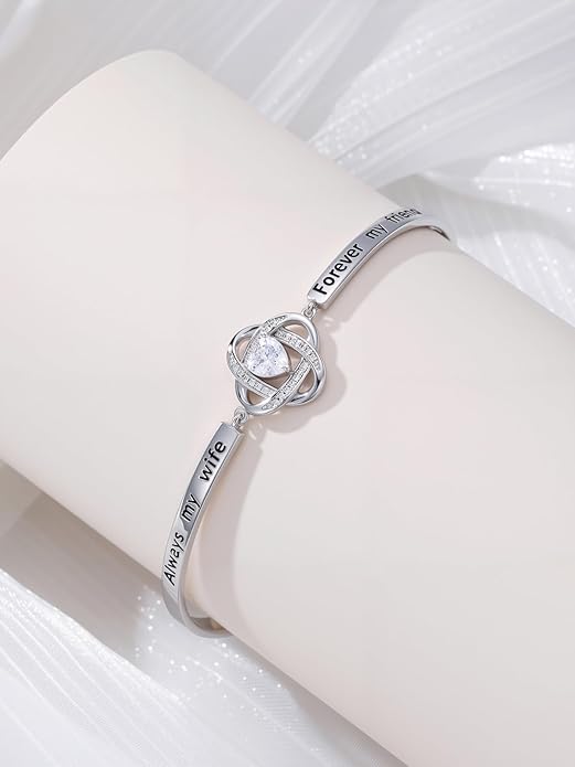 Valentines Day Gifts for Her, 18k White Gold Plated Love Knot Bracelets, Engraved Inspirational and Sentiment Bangle, Anniversary Birthday Jewelry Gift for Lover Wife Girlfriend Sister Friends