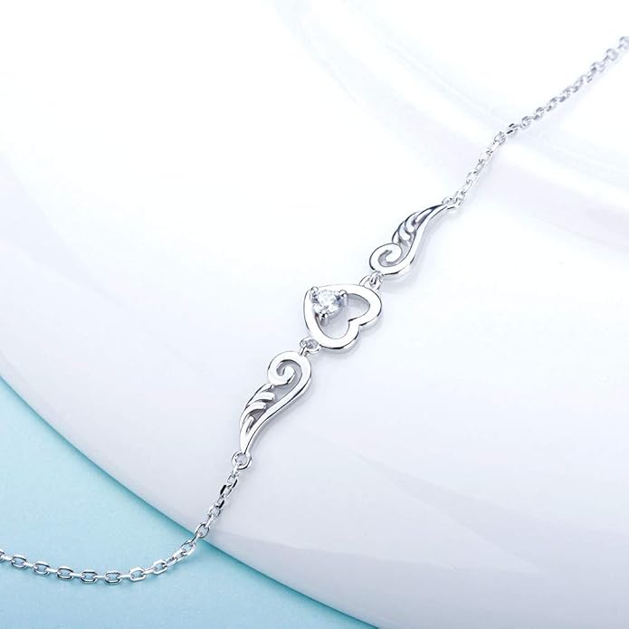 925 Sterling Silver Guardian Angel Wings Bracelets for Women, CZ Design Heart Adjustable Chain Bracelets for Jewelry