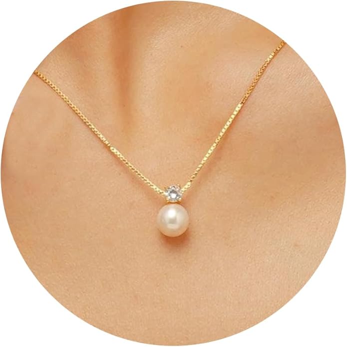 Pearl Necklaces for Women-14k Gold Plated Layered-Single Pearl Necklace Simple Pearl Choker Necklaces for Women Trendy Cute Gold Necklace Jewelry for Women Gifts