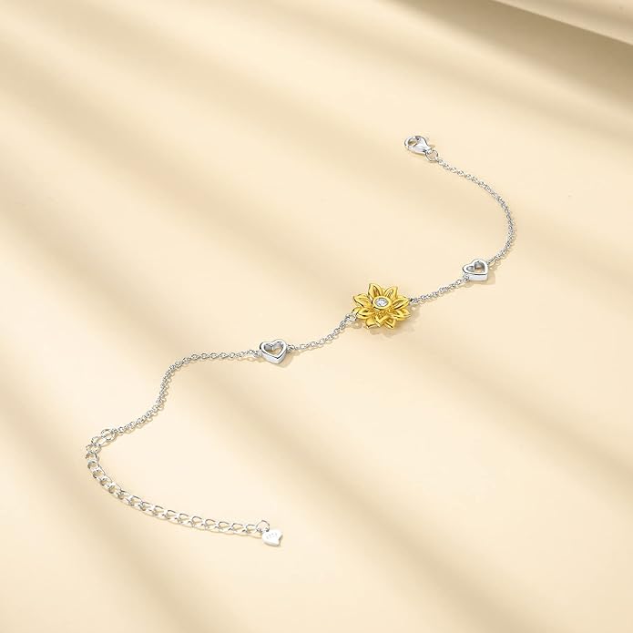SNZM Bracelets for Women-925 Sterling Silver Sunflower Bracelet Chain Adjustable Heart Charm Link Birthday Sunflower Jewelry Gifts for Women/Daughter/Girlfriend