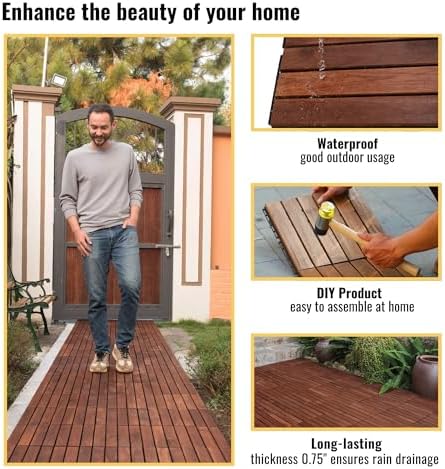 10 PCS Interlocking Deck Tiles, Striped Pattern 12"x12" Acacia Wood Outdoor - Image 5