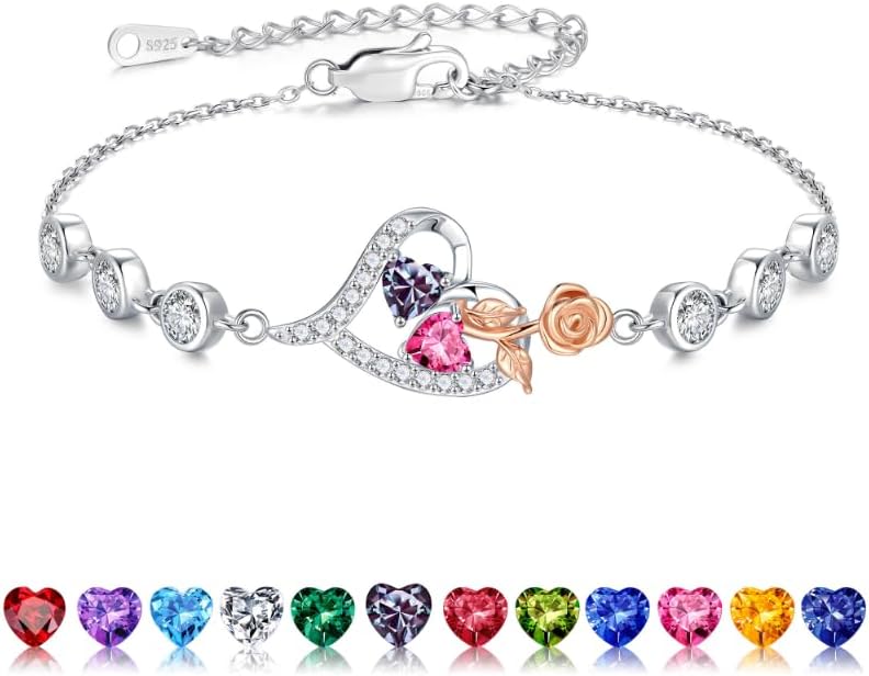 Iefil Valentines Day Gifts for Her - 925 Sterling Silver Rose Heart Birthstone Bracelets, Anniversary Birthday Gifts for Women Wife Mom Daughter, 6"+2"