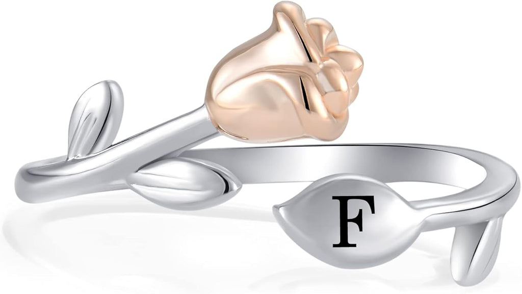 STARCHENIE Rose Initial Ring for Women 925 Sterling Silver Letters A-Z 26 Alphabet Adjustable Ring Size 7